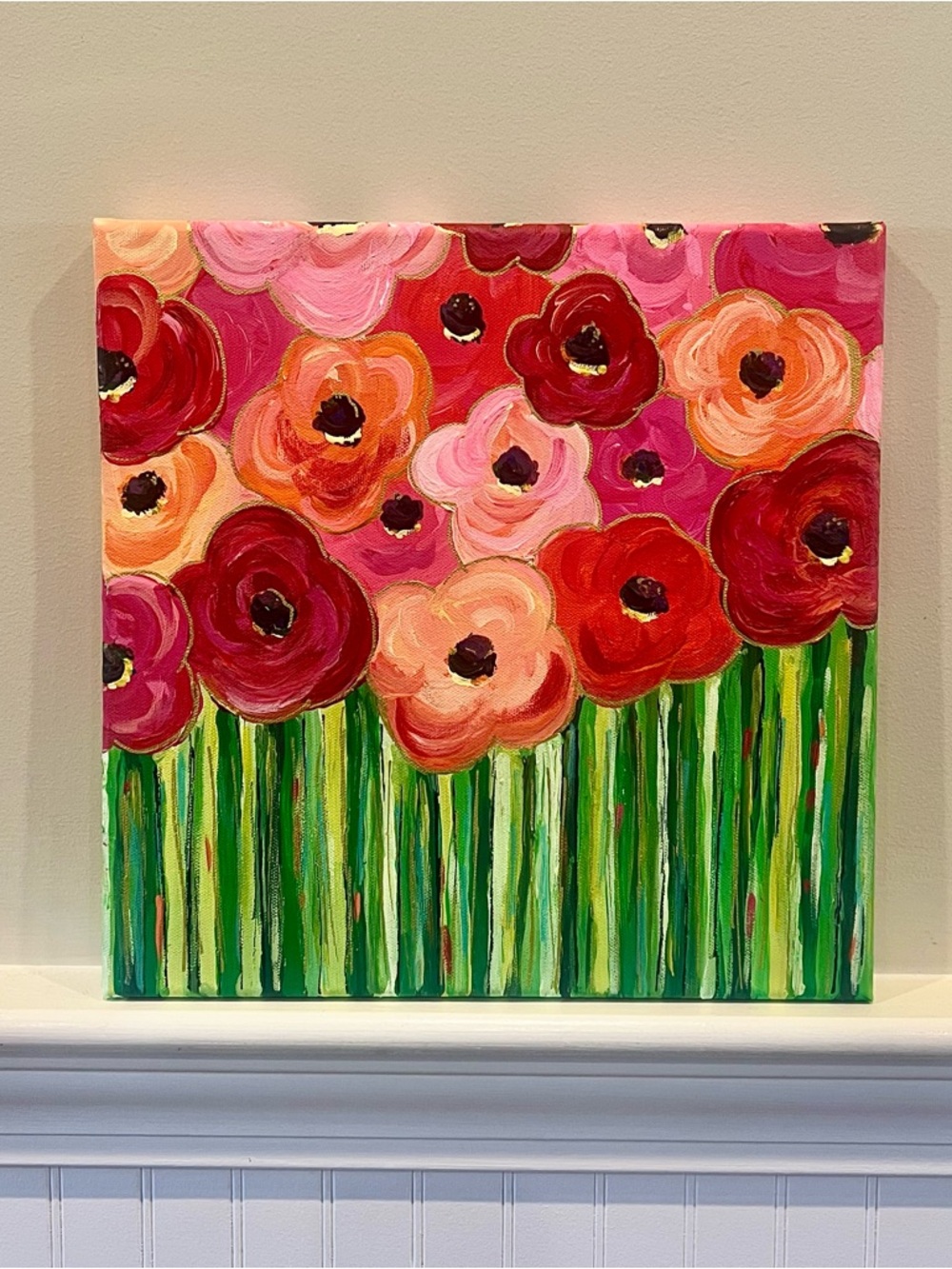Bright Floral Canvas Painting in Pink, Red, Orange